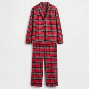 Gap Flannel PJ Set in a red, green, and blue plaid pattern.